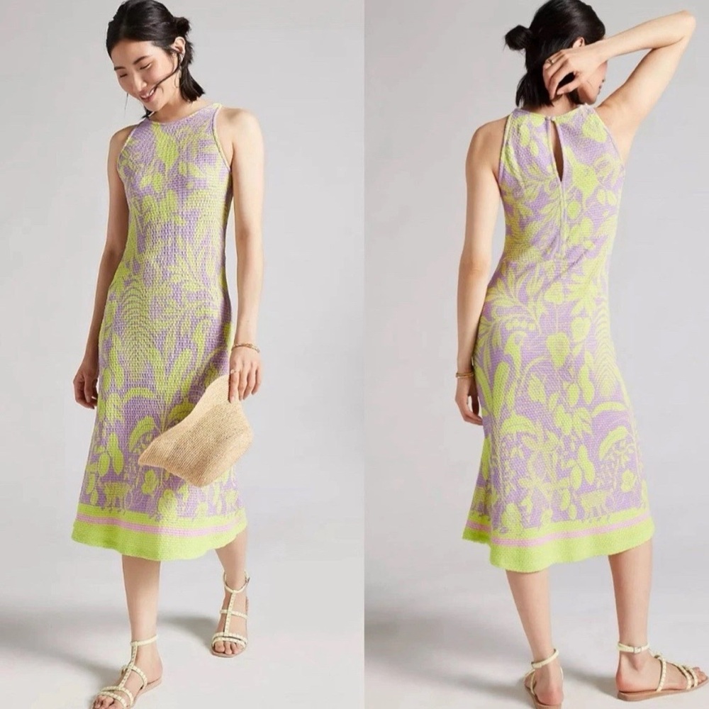 FARM RIO Floral Dress Women Medium Stretchy Textured Fitted Lavender Lime Small